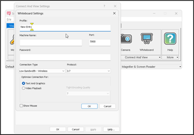 Image of SuperNova Connect and View settings showing option to add a new whiteboard