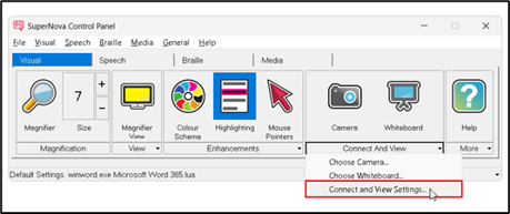 Image of SuperNova control panel with the "Connect and View Settings" option highlighted