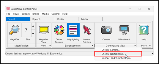 Image of SuperNova control panel with option to "Choose whiteboard" highlighted