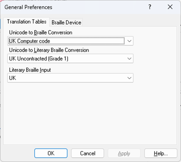Image showing the braille General Preferences dialog box presenting the three translation table options.