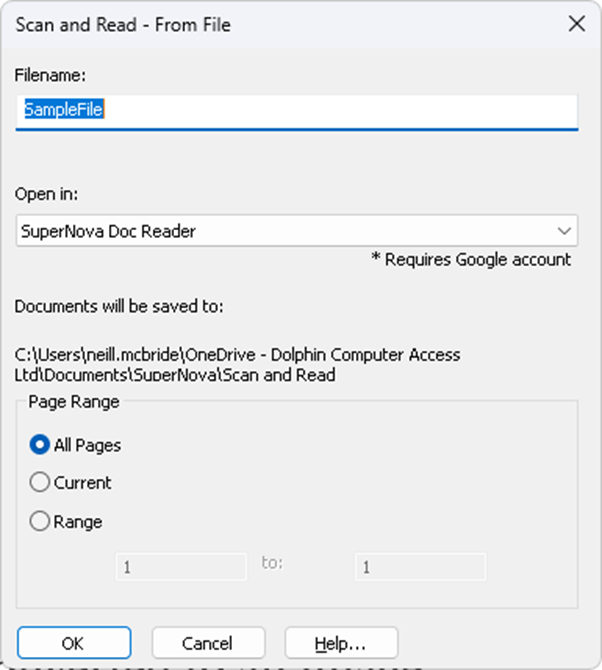 An image showing Scan and Read - From File options dialog box